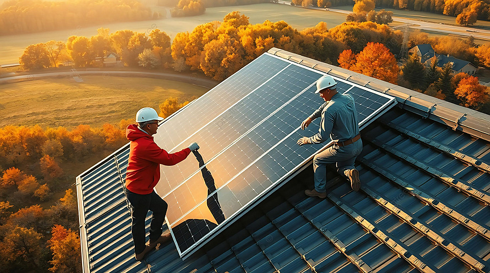 Workers installing solar panels on house